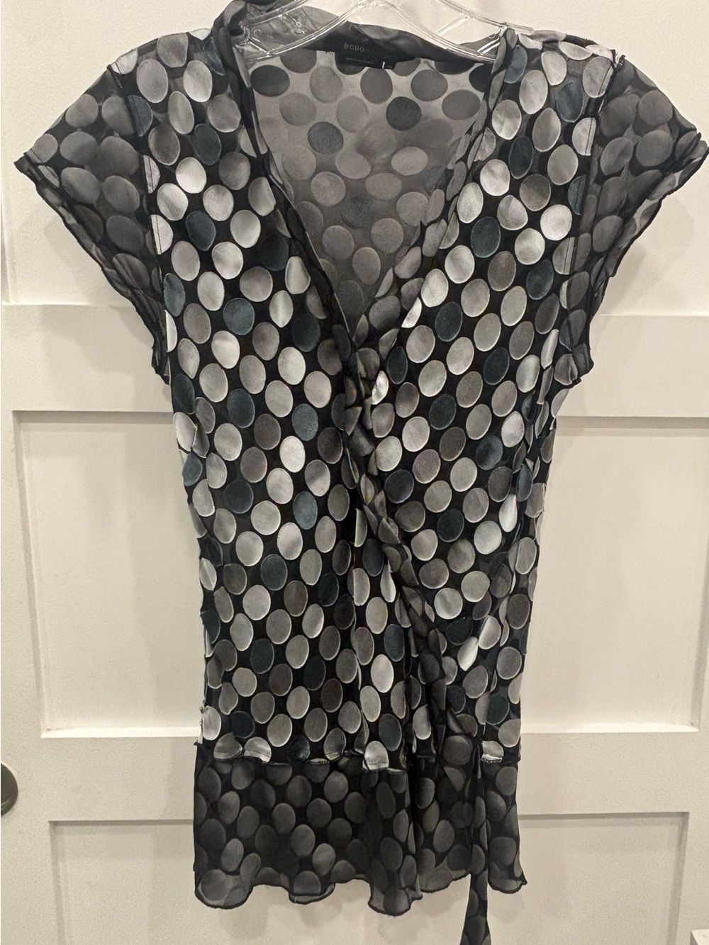 BCBGMaxAzria Black and White Velvet Burnout Polka Dot Sheer Wrap Blouse